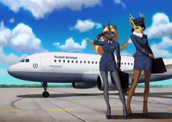 Size: 3000x2123 | Tagged: safe, artist:mrscroup, oc, oc only, oc:recina, changeling, deer, anthro, unguligrade anthro, airbus, airbus a319, airbus a320, airport, clothes, deer oc, flight attendant, high heels, high res, non-pony oc, pilot, plane, shoes, skirt, taxiway, yellow changeling
