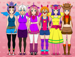 Size: 1026x779 | Tagged: safe, artist:donamorteboo, applejack, fluttershy, pinkie pie, rainbow dash, rarity, twilight sparkle, human, g4, amy rose, blaze the cat, clothes, cosplay, costume, crossover, female, humanized, kisekae, mane six, mina mongoose, rouge the bat, socks, sonic the hedgehog (series), sticks the badger, striped socks, tikal the echidna