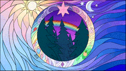 Size: 640x360 | Tagged: safe, artist:rumista, alicorn, earth pony, pegasus, pony, unicorn, animated, commission, flying, forest, gif, rainbow, solo, stained glass, your character here