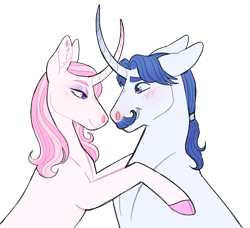 Size: 1280x1167 | Tagged: safe, artist:s0ftserve, fancypants, fleur-de-lis, pony, unicorn, g4, blushing, curved horn, female, horn, male, mare, ship:fancyfleur, shipping, simple background, stallion, straight, transparent background