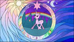 Size: 640x360 | Tagged: safe, artist:rumista, alicorn, butterfly, earth pony, pegasus, pony, unicorn, animated, commission, gif, rainbow, solo, stained glass, your character here