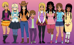 Size: 1024x620 | Tagged: safe, artist:donamorteboo, applejack, fluttershy, pinkie pie, rainbow dash, rarity, sci-twi, spike, sunset shimmer, twilight sparkle, human, equestria girls, g4, clothes, female, gradient background, hetalia, humane five, humane seven, humane six, humanized, kisekae, male, socks, striped socks