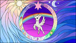 Size: 640x360 | Tagged: safe, artist:rumista, alicorn, earth pony, pegasus, pony, unicorn, animated, commission, flying, frame by frame, gif, rainbow, solo, stained glass, your character here