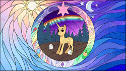 Size: 640x360 | Tagged: safe, artist:rumista, alicorn, earth pony, pegasus, pony, unicorn, animated, commission, forest, gif, rainbow, solo, stained glass, your character here