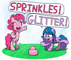 Size: 1900x1620 | Tagged: safe, artist:ebbysharp, izzy moonbow, pinkie pie, earth pony, pony, unicorn, g4, g5, atg 2022, bipedal, bracelet, cake, dialogue, duo, duo female, edible glitter, eyes closed, female, food, friendship bracelet, glitter, horn, izzy and her heroine, jewelry, mare, newbie artist training grounds, open mouth, open smile, signature, smiling, speech bubble, sprinkles, standing on two hooves