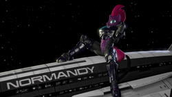 Size: 1280x720 | Tagged: safe, artist:fuzeamateursfm, tempest shadow, unicorn, anthro, g4, 3d, arm behind head, female, halo (series), looking at you, mass effect, mjölnir, normandy sr-2, pinup, sitting, smiling, solo, source filmmaker, space, spread legs, spreading