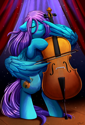 Size: 1749x2550 | Tagged: safe, artist:pridark, oc, oc only, oc:swing time, pegasus, pony, bipedal, bow (instrument), cello, cello bow, commission, curtains, eyes closed, high res, musical instrument, pegasus oc, smiling, solo, stage, wing hands, wings