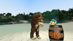 Size: 1920x1080 | Tagged: safe, artist:drgamer7065, hitch trailblazer, earth pony, gorilla, pony, g5, 3d, barrel, beach, donkey kong, donkey kong (series), male, necktie, newbie artist training grounds, sad hitch, source filmmaker, stallion