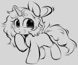 Size: 885x745 | Tagged: safe, artist:torridliner, oc, oc:shyflame, pony, unicorn, chibi, curly hair, doodle, ears up, fluffy, fluffy mane, fluffy tail, grin, happy, horn, long hair, male, monochrome, sketch, smiling, solo, stallion, tail, unicorn oc