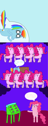 Size: 1518x3948 | Tagged: safe, artist:penelopehamuchan, pinkie pie, rainbow dash, earth pony, pegasus, pony, g4, big snooze, bipedal, clone, comic, eyes closed, female, looney tunes, mare, multeity, pinkie clone, too much pink energy is dangerous