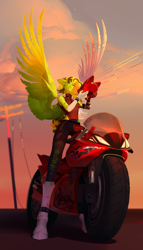 Size: 4000x7000 | Tagged: safe, artist:yanisfucker, oc, oc only, oc:forrest wind, pegasus, anthro, unguligrade anthro, absurd resolution, amputee, breasts, clothes, coat markings, eyes closed, helmet, large wings, motorcycle, motorcycle helmet, pants, prosthetic limb, prosthetics, ripped pants, socks (coat markings), solo, spiked wristband, spread wings, telephone pole, torn clothes, wings, wristband