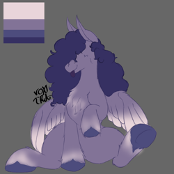 Size: 1000x1000 | Tagged: safe, artist:voxtra, oc, oc only, unnamed oc, pegasus, pony, female, gray background, mare, missing cutie mark, no eyes, partially open wings, pegasus oc, purple hair, random pony, signature, simple background, sitting, solo, wings