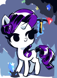 Size: 720x988 | Tagged: safe, artist:creamyogurt, rarity, pony, unicorn, g4, chibi, crystal, diamond, gem, gem cave, gemstones, levitation, magic, missing cutie mark, pickaxe, solo, sparkles, telekinesis