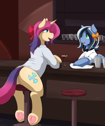 Size: 2500x3000 | Tagged: safe, artist:cainesart, oc, oc only, oc:frozen fractal, oc:queen fylifa, pegasus, pony, unicorn, bar, barstool, bartender, butt, clothes, disguise, disguised changeling, drink, female, high res, lab coat, mare, plot, underhoof