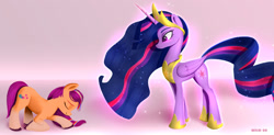 Size: 1980x972 | Tagged: safe, artist:darksly, sunny starscout, twilight sparkle, alicorn, earth pony, pony, g5, the last problem, atg 2022, bowing, coat markings, concave belly, crown, cute, duo, ethereal mane, ethereal tail, eyes closed, female, height difference, hoof shoes, jewelry, long mane, long tail, mare, markings, newbie artist training grounds, older, older twilight, older twilight sparkle (alicorn), peytral, physique difference, princess shoes, princess twilight 2.0, regalia, signature, slender, socks (coat markings), standing, sunny and her heroine, sunnybetes, tail, tall, thin, twiabetes, twilight sparkle (alicorn), unshorn fetlocks