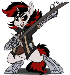 Size: 2632x2840 | Tagged: safe, artist:brainiac, oc, oc only, oc:blackjack, cyborg, pony, unicorn, fallout equestria, fallout equestria: project horizons, amputee, cybernetic legs, fanfic art, female, high res, mare, simple background, solo, transparent background