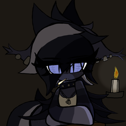 Size: 2000x2000 | Tagged: safe, artist:ponersarecute, oc, oc only, bat pony, bat pony oc, bat wings, candle, candlelight, cigarette, clothes, dog tags, ear piercing, ears back, high res, leaning on table, piercing, shirt, undershirt, wings