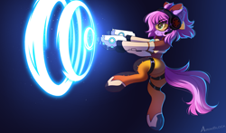 Size: 2281x1340 | Tagged: safe, alternate version, artist:airiniblock, oc, oc only, oc:lillybit, earth pony, semi-anthro, rcf community, arm hooves, butt, clothes, commission, cosplay, costume, female, flower, flower blossom, gun, handgun, overwatch, pistol, plot, solo, tracer, tracer (overwatch), weapon