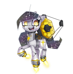 Size: 2800x2840 | Tagged: safe, artist:opal_radiance, oc, oc only, pony, robot, robot pony, commission, high res, james webb space telescope, open mouth, open smile, ponified, rule 85, science fiction, simple background, smiling, solo, telescope, transparent background