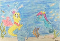 Size: 4032x2778 | Tagged: safe, artist:opti, princess skystar, seawinkle, fish, sea pony, seapony (g4), shark, turtle, g4, my little pony: the movie, atg 2022, bubble, female, newbie artist training grounds, ocean, question mark, seaweed, underwater, water
