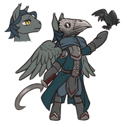 Size: 2048x2048 | Tagged: safe, artist:multiverseequine, derpibooru exclusive, oc, oc only, oc:cornix, bird, crow, pegasus, pony, armor, bipedal, boots, clothes, coat, daybreak island, ear tufts, full body, gloves, high res, male, mask, order of the arrow, pegasus oc, raised hoof, scarf, shoes, sickle, simple background, slit pupils, solo, stallion, standing, transparent background, weapon, wings, yellow eyes