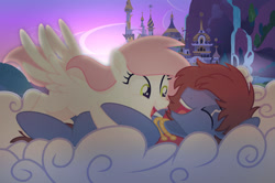 Size: 1280x852 | Tagged: safe, artist:c1trine, artist:sugar morning, oc, oc only, oc:bizarre song, oc:sugar morning, pony, g4, base used, canterlot castle, cloud, couple, cuddling, cute, eyes closed, female, glomp, male, mare, oc x oc, open mouth, open smile, shipping, smiling, stallion, straight, sugarre