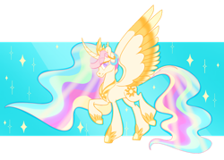 Size: 1280x916 | Tagged: safe, artist:viodacreator, princess celestia, alicorn, pony, g4, female, looking at you, mare, smiling, smiling at you, solo, sparkles, spread wings, wings