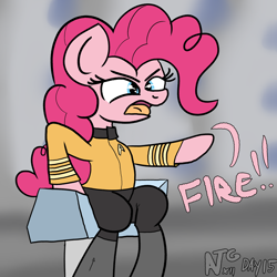 Size: 2000x2000 | Tagged: safe, artist:dafiltafish, pinkie pie, earth pony, pony, g4, atg 2022, captain pike, chair, clothes, crossover, female, high res, mare, newbie artist training grounds, simple background, solo, star trek, star trek:strange new worlds, text