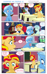 Size: 5789x9050 | Tagged: safe, artist:jeremy3, sunset shimmer, trixie, human, pony, unicorn, comic:everfree, comic:everfree my friend, equestria girls, g4, classroom, comic, female, filly, filly sunset shimmer, filly trixie, foal, open mouth, ribbon, speech bubble, upset, younger