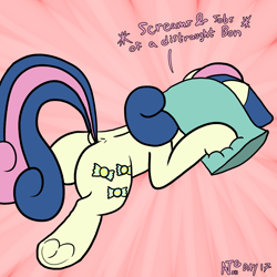 Size: 2000x2000 | Tagged: safe, artist:dafiltafish, bon bon, sweetie drops, earth pony, pony, g4, atg 2022, bon bon is not amused, butt, dock, female, high res, mare, newbie artist training grounds, pillow, plot, simple background, solo, tail, text, unamused, underhoof