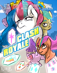 Size: 3500x4500 | Tagged: safe, alternate version, artist:azulejo, hitch trailblazer, izzy moonbow, pipp petals, sunny starscout, zipp storm, earth pony, pegasus, pony, unicorn, g5, clash royale, clothes, cosplay, costume, cover, crown, female, jewelry, looking at you, looking up, mane five, regalia, text