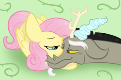 Size: 1189x788 | Tagged: safe, artist:sugarcloud12, discord, fluttershy, draconequus, pegasus, pony, g4, cuddling, duo, female, male, ship:discoshy, shipping, straight