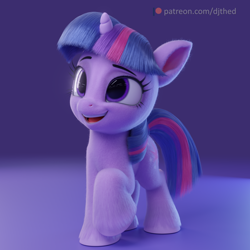 Size: 4096x4096 | Tagged: safe, artist:therealdjthed, twilight sparkle, pony, unicorn, g4, 3d, absurd resolution, cute, daaaaaaaaaaaw, eyebrows, female, filly, filly twilight sparkle, foal, happy, hnnng, open mouth, open smile, raised hoof, signature, smiling, solo, twiabetes, unicorn twilight, weapons-grade cute, younger