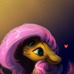 Size: 4000x4000 | Tagged: safe, artist:miokomata, fluttershy, pegasus, pony, g4, absurd resolution, bust, female, floating heart, floppy ears, freckles, freckleshy, gradient background, grin, heart, looking at you, mare, smiling, smiling at you, solo