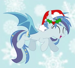 Size: 1731x1578 | Tagged: safe, artist:owlity, oc, oc only, oc:star struck, bat pony, pony, christmas, cute, eyes closed, fangs, female, flying, hat, holiday, open mouth, open smile, santa hat, smiling, solo, spread wings, wings