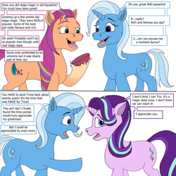 Size: 1280x1280 | Tagged: safe, artist:termyotter, starlight glimmer, sunny starscout, trixie, earth pony, pony, unicorn, g4, g5, atg 2022, dialogue, female, mare, newbie artist training grounds, trio