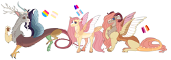 Size: 6000x2100 | Tagged: safe, artist:uunicornicc, discord, fluttershy, oc, oc:iris, draconequus, hybrid, pony, g4, colored wings, interspecies offspring, multicolored wings, offspring, parent:discord, parent:fluttershy, parents:discoshy, simple background, story included, white background, wings
