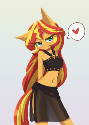 Size: 1000x1407 | Tagged: safe, artist:howxu, part of a set, sunset shimmer, anthro, equestria girls, g4, arm behind back, bare shoulders, belly button, blushing, breasts, clothes, female, gradient background, looking at you, reasonably sized breasts, sarong, seduction, sleeveless, solo, speech bubble, spoken heart, swimsuit