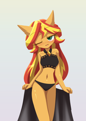 Size: 1000x1407 | Tagged: safe, artist:howxu, part of a set, sunset shimmer, anthro, equestria girls, g4, arm behind back, bare shoulders, belly button, blushing, breasts, clothes, female, gradient background, looking at you, one eye closed, open mouth, reasonably sized breasts, sarong, seduction, sleeveless, solo, speech bubble, stripping, swimsuit