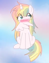 Size: 975x1255 | Tagged: safe, artist:owlity, oc, oc only, oc:sweet dreams, alicorn, pony, alicorn oc, blushing, female, hiding behind wing, horn, looking away, simple background, solo, wings