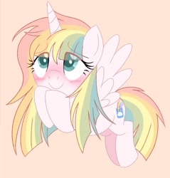 Size: 982x1026 | Tagged: safe, artist:owlity, oc, oc only, oc:sweet dreams, alicorn, pony, alicorn oc, blushing, female, flying, horn, looking up, simple background, solo, spread wings, wings