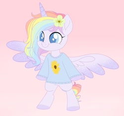 Size: 849x797 | Tagged: safe, artist:owlity, oc, oc only, oc:flower power, alicorn, pony, alicorn oc, bipedal, clothes, female, flower, flower in hair, horn, simple background, smiling, solo, spread wings, sweater, wings