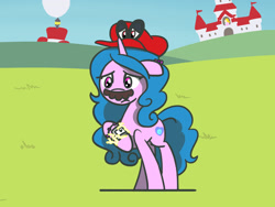 Size: 1800x1350 | Tagged: safe, artist:flutterluv, part of a set, izzy moonbow, pony, unicorn, g5, atg 2022, cappy (mario), facial hair, female, hat, horn, mare, moustache, mushroom kingdom, newbie artist training grounds, part of a series, sad, solo, super mario bros., super mario odyssey