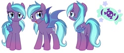 Size: 967x415 | Tagged: safe, artist:owlity, oc, oc only, oc:snarky sweets, bat pony, pony, butt, fangs, female, looking at you, open mouth, open smile, plot, reference sheet, simple background, smiling, solo, spread wings, white background, wings