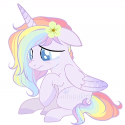 Size: 1649x1656 | Tagged: safe, artist:owlity, oc, oc only, oc:flower power, alicorn, pony, alicorn oc, crying, female, flower, flower in hair, horn, looking down, raised hoof, simple background, sitting, solo, white background, wings
