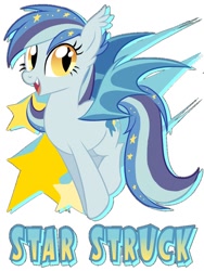 Size: 768x1024 | Tagged: safe, artist:owlity, oc, oc only, oc:star struck, bat pony, pony, fangs, female, jumping, looking at you, open mouth, open smile, simple background, smiling, solo, text, white background