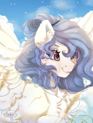 Size: 768x1024 | Tagged: safe, artist:mikkybun, oc, oc only, pegasus, pony, chest fluff, ear fluff, female, mare, signature, solo, spread wings, wings