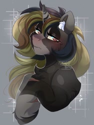 Size: 768x1024 | Tagged: safe, artist:mikkybun, oc, oc only, pony, unicorn, bust, chest fluff, commission, ear fluff, female, gray background, lidded eyes, mare, signature, simple background, solo, unshorn fetlocks