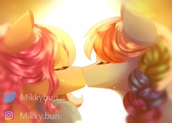 Size: 1750x1250 | Tagged: safe, artist:mikkybun, fluttershy, rainbow dash, pegasus, pony, g4, alternate hairstyle, braid, bust, commission, commissioner:beanzoboy, duo, eyes closed, female, lesbian, mare, ship:flutterdash, shipping, signature