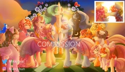 Size: 1750x1000 | Tagged: safe, artist:mikkybun, apple bloom, applejack, fluttershy, pinkie pie, princess cadance, princess celestia, princess luna, rainbow dash, rarity, scootaloo, sweetie belle, twilight sparkle, alicorn, bird, blue jay, earth pony, pegasus, pony, unicorn, g4, alicorn tetrarchy, alternate hairstyle, braid, bridesmaid, clothes, commission, commissioner:beanzoboy, cutie mark crusaders, dress, female, flower girl, hair bun, kissing, lesbian, mane six, marriage, obtrusive watermark, ship:flutterdash, shipping, signature, twilight sparkle (alicorn), watermark, wedding, wedding dress